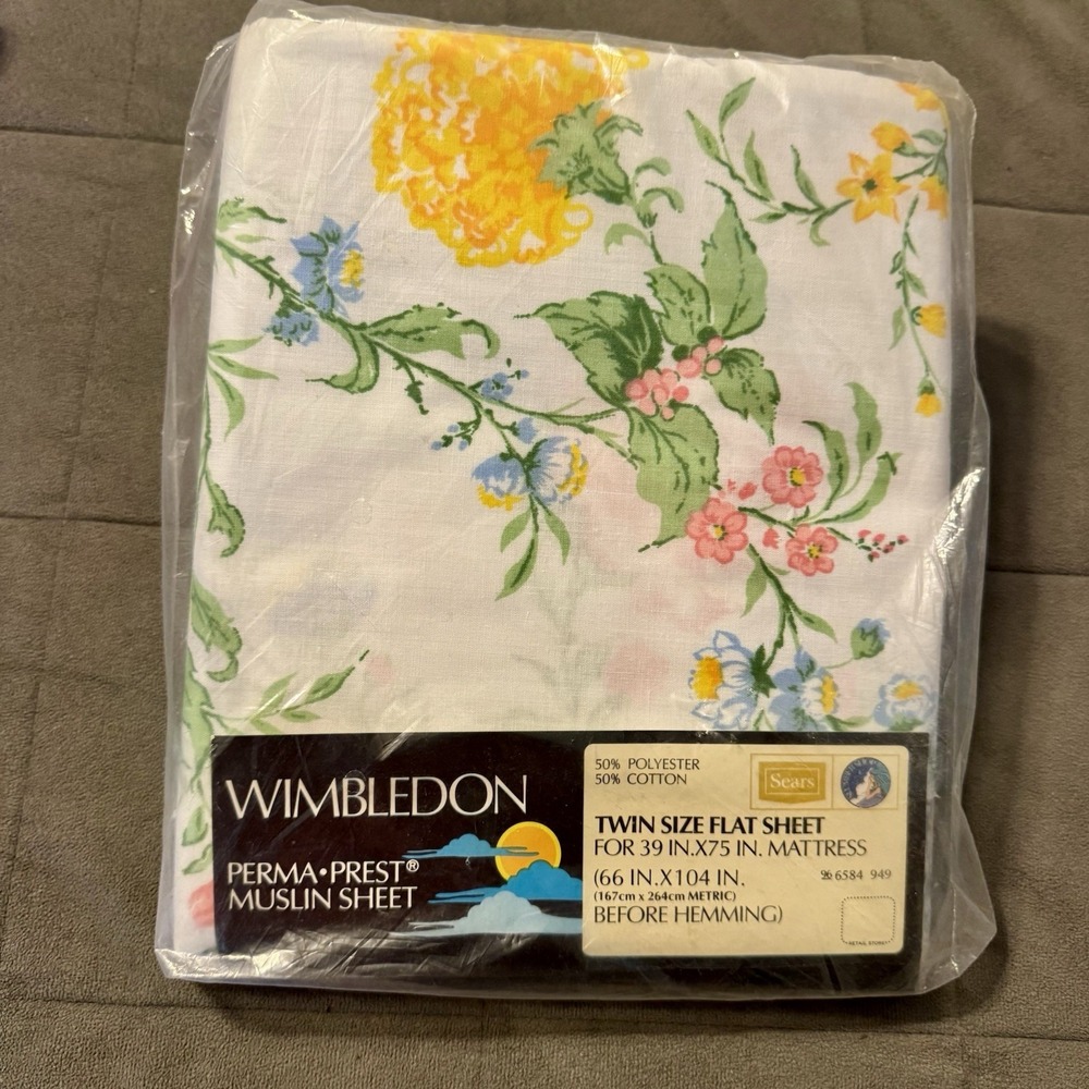 Vintage Sears Wimbledon Floral Twin Size Flat Sheet Perma Prest Muslin Unopened